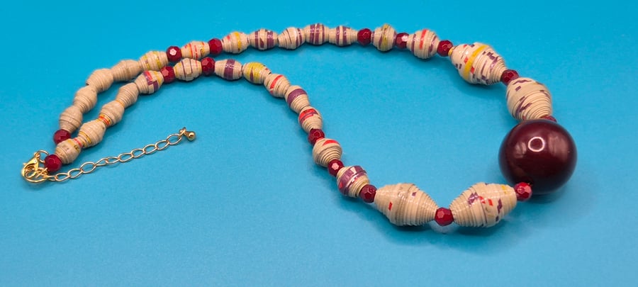 Burgundy, purple and pale green paper beaded necklace