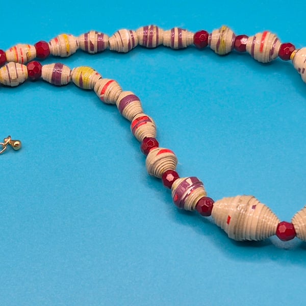 Burgundy, purple and pale green paper beaded necklace