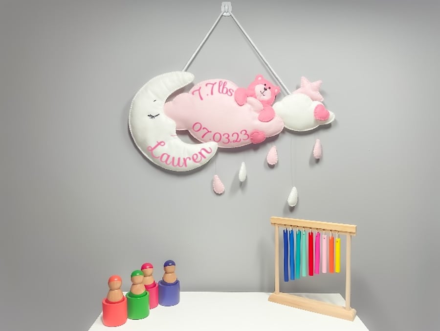 Pastel Pink Night Showers - Personalised felt nursery wall and door sign