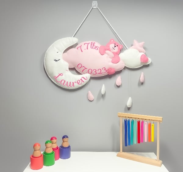 Pastel Pink Night Showers - Personalised felt nursery wall and door sign