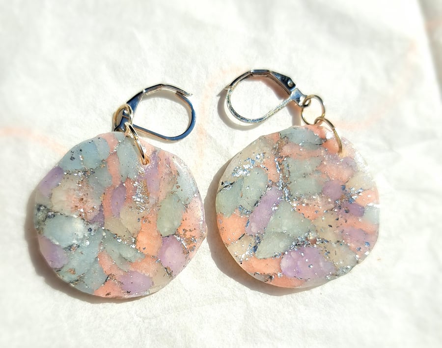 Lovely pair of dangle polymer clay earrings pearl effect circular