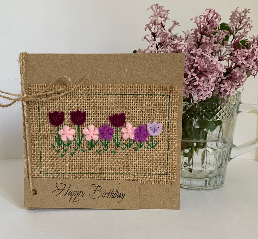 Birthday card. Row of purple and  pink flowers. Wool felt. Handmade Card.