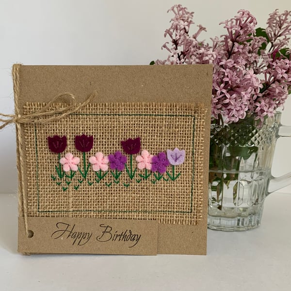 Birthday card. Row of purple and  pink flowers. Wool felt. Handmade Card.