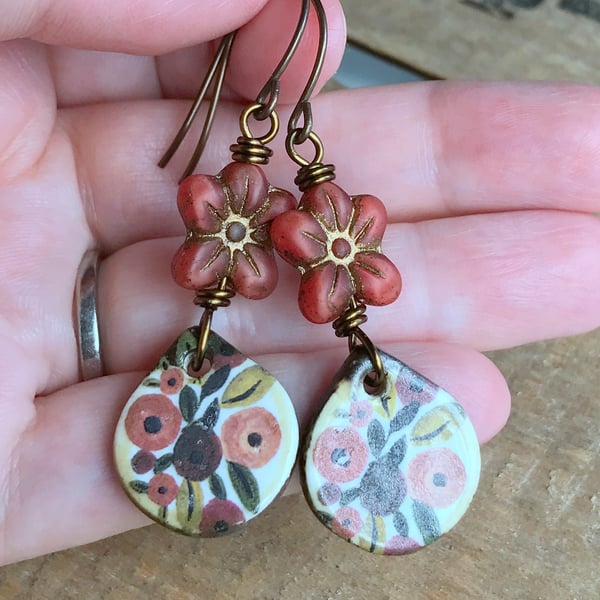 Multi Colour Artisan Ceramic Floral Earrings. Vintage Style Flower Earrings 