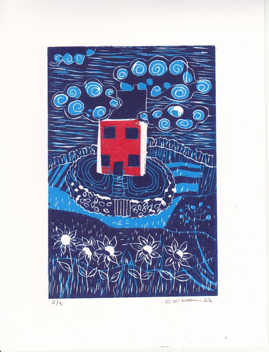 Little Red House in the Clouds - Lino Print with Chine Colle