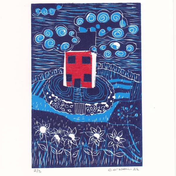 Little Red House in the Clouds - Lino Print with Chine Colle