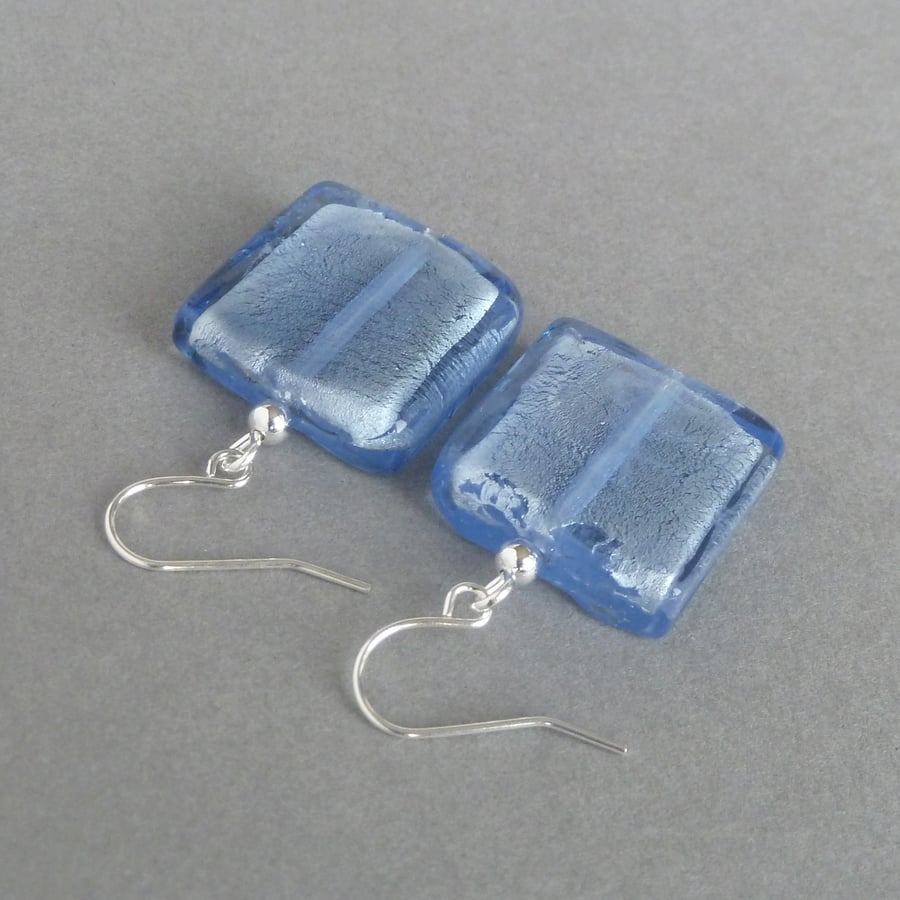 Large Pale Blue Fused Glass Drop Earrings - Big Light Blue Square Dangle Earring