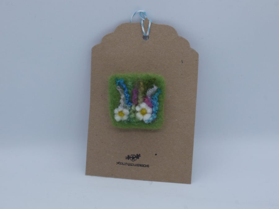 Handmade needle felted square floral design brooch