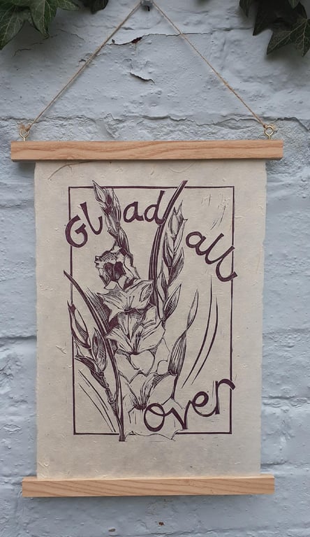 'Glad all Over', Lino Print in Purple on Lokta Paper (VE2)