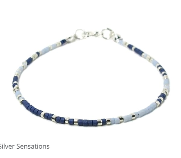 Narrow Blue & Silver Seed Bead Boho Anklet, Blue Holiday Anklet - 9"