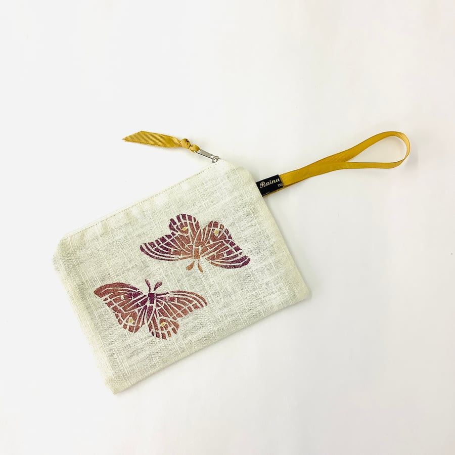 Cream Butterfly linen zip-up pouch; Makeup Bag; Hand printed Purse 