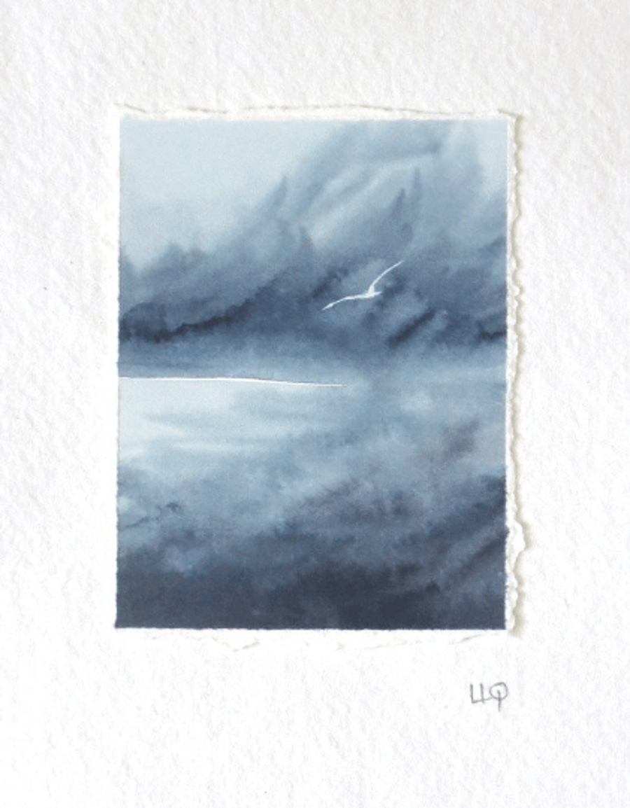 Storm ocean sea and gulls original watercolour painting mini art minature
