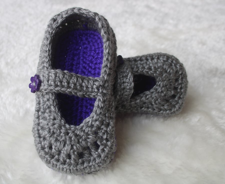 Girl's Slippers - Mary Jane Style - Grey and Purple - Sizes Toddler to Child 