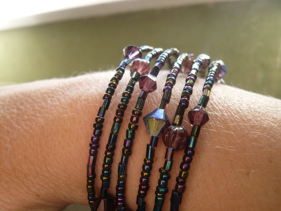 Purple Bead Memory Wire Bracelet
