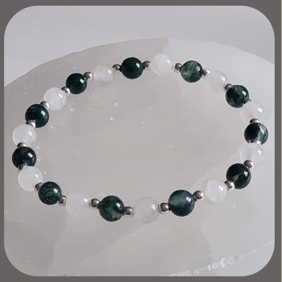 Snow Drop inspired White Jade, Green Moss Agate and sterling silver  bracelet
