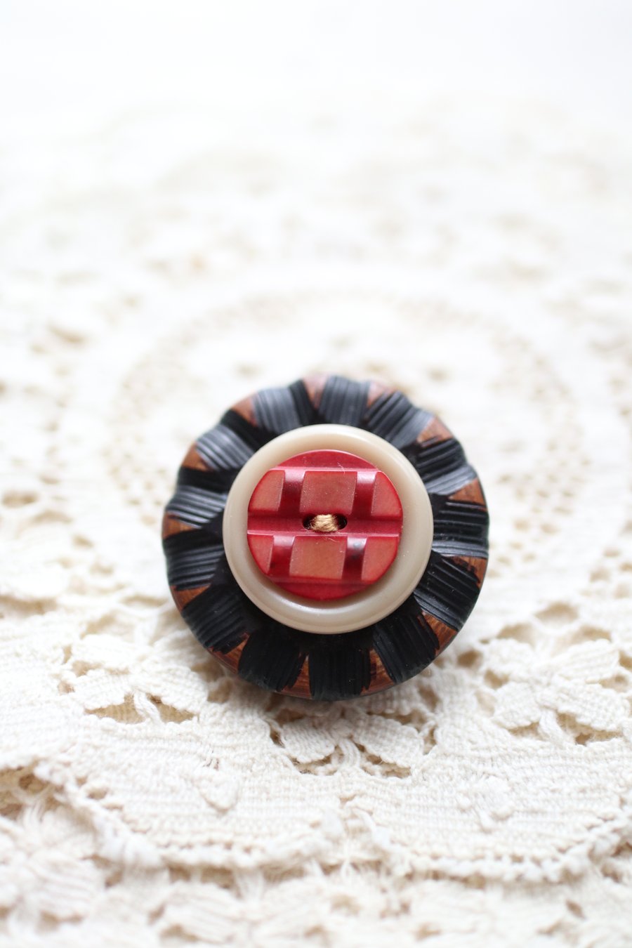 HALF PRICE - Black, Beige and Red Vintage Button Statement Pin