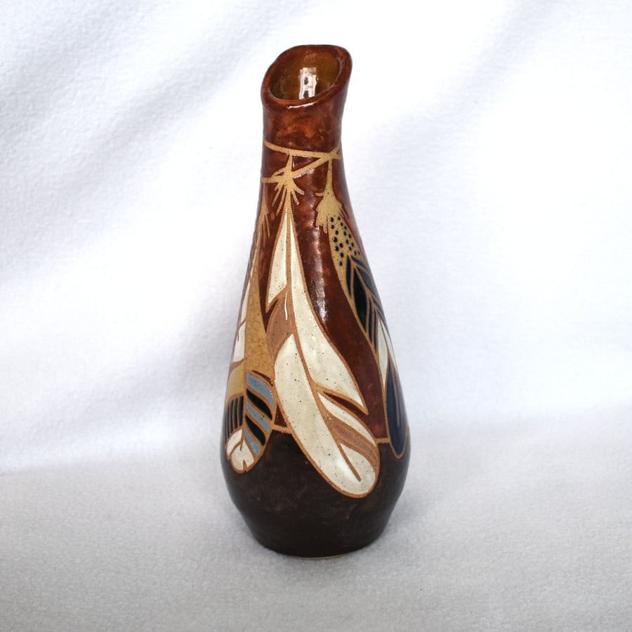 19-208 Stoneware pottery hand thrown bottle vase with feathers