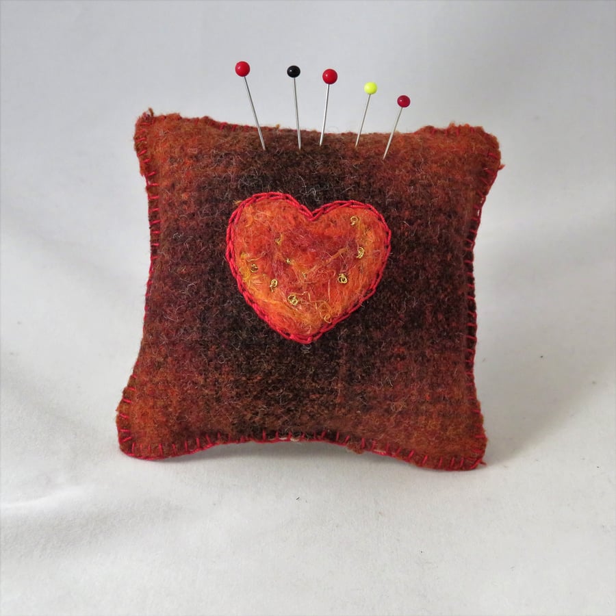 SALE Heart Felted Pincushion on recycled tweed Orange and Brown