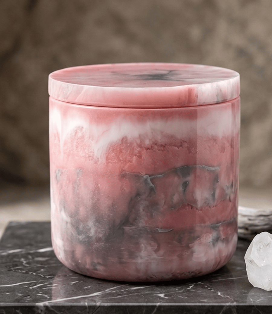 Handmade pink, white and grey marbled epoxy resin decorative pot with lid.