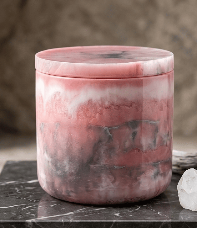 Handmade pink, white and grey marbled epoxy resin decorative pot with lid.