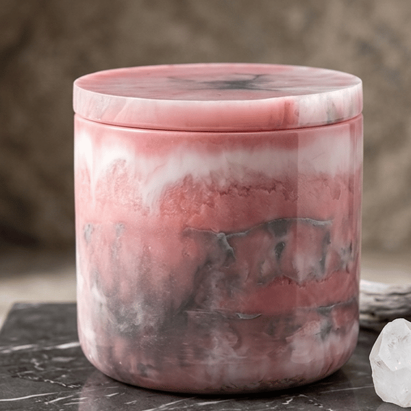 Handmade pink, white and grey marbled epoxy resin decorative pot with lid.