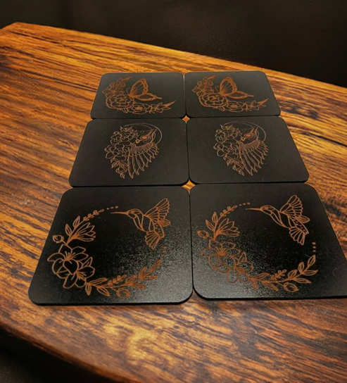 Set of 6 Square Wood Coasters. Floral Wings Collection 