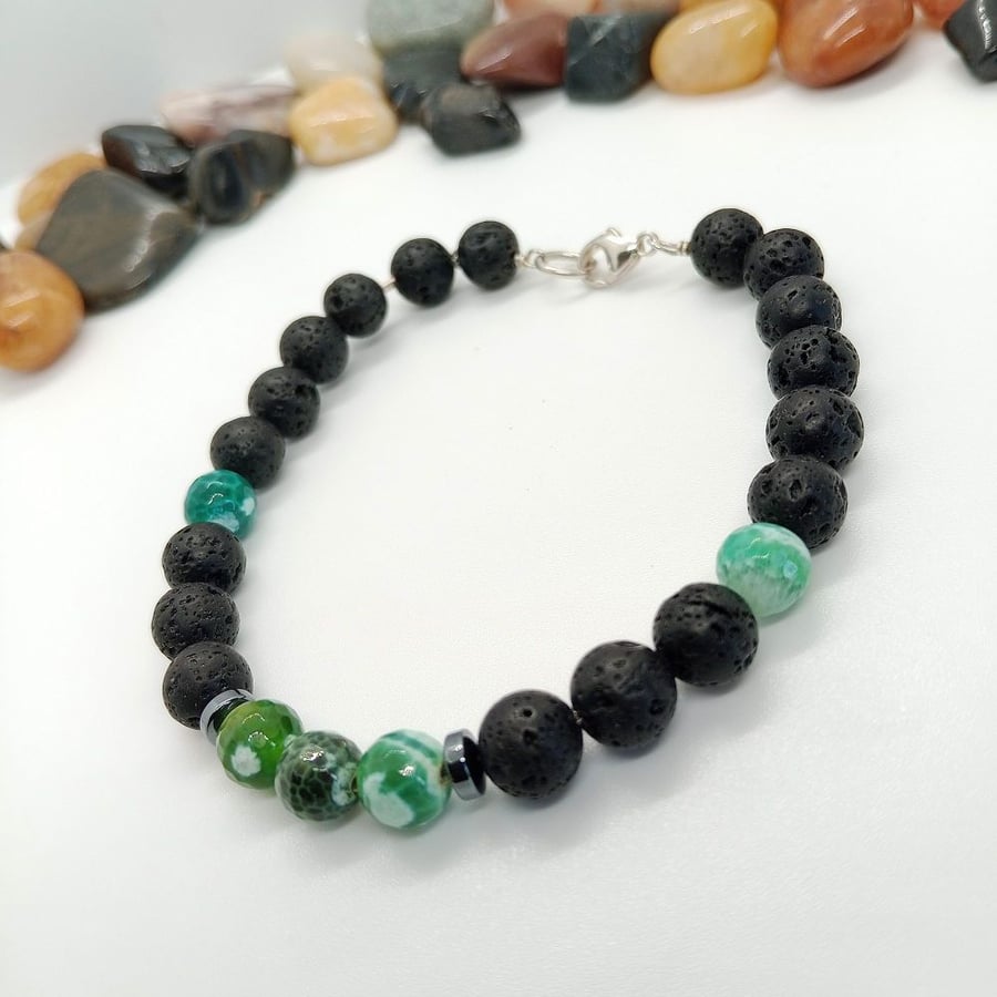 Black Lava Rock Bracelet Green Fire Agate Sterling Silver Bracelet