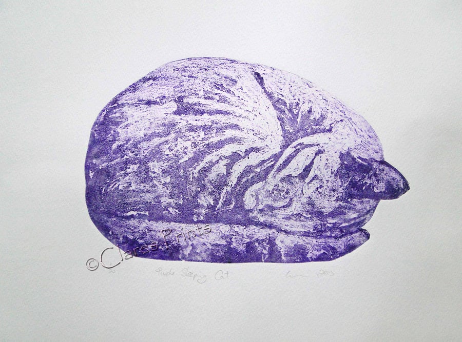 Purple Sleeping Cat Limited Edition Collagraph Print Art