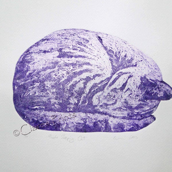 Purple Sleeping Cat Limited Edition Collagraph Print Art