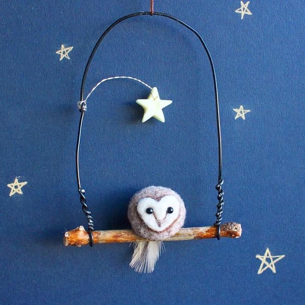 Needle Felt Owl. Glow In The Dark Star. Owls. Hanging Decorations.