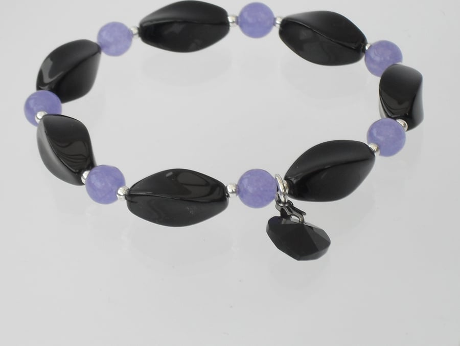 Black onyx and lavender alexandrite gemstone bracelet, with black crystal heart 