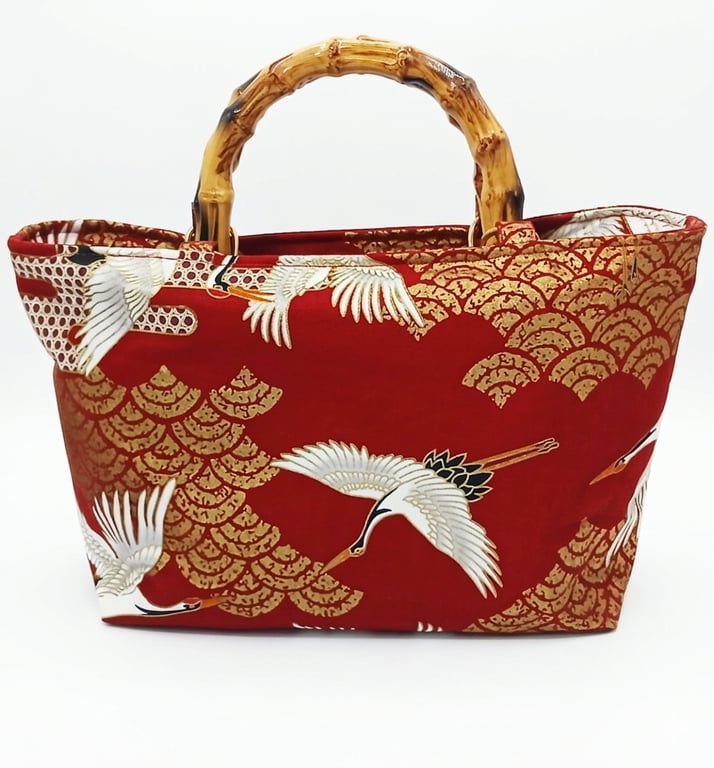 Elegant Japanese Crane Red Tote Bag with Bamboo Handles