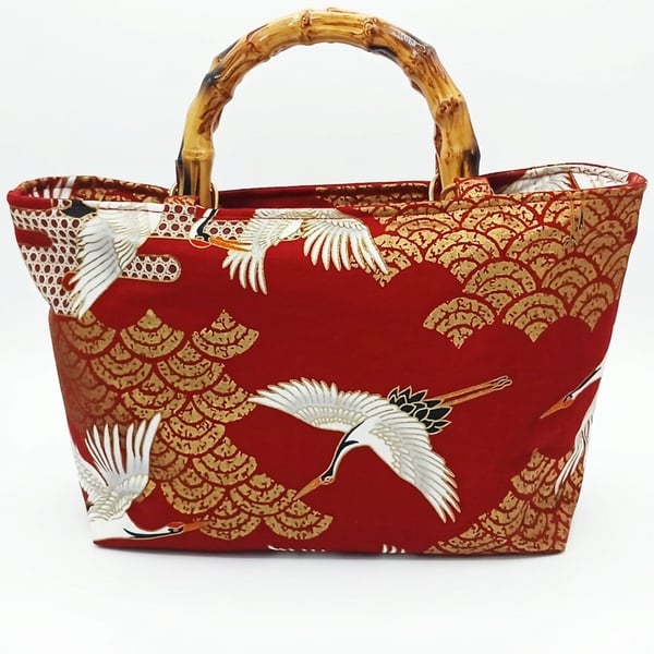 Elegant Japanese Crane Red Tote Bag with Bamboo Handles