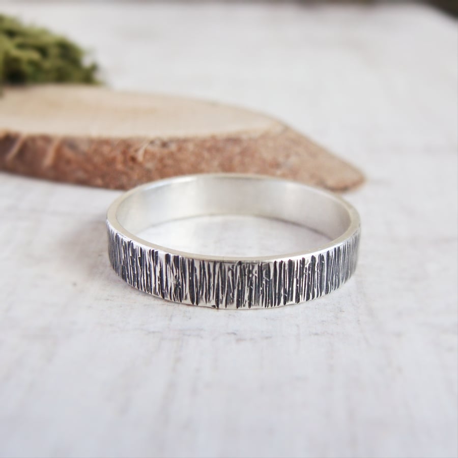 Oxidised Sterling Silver Woodland Birch Tree Bark Hammered Texture Stacking Ring