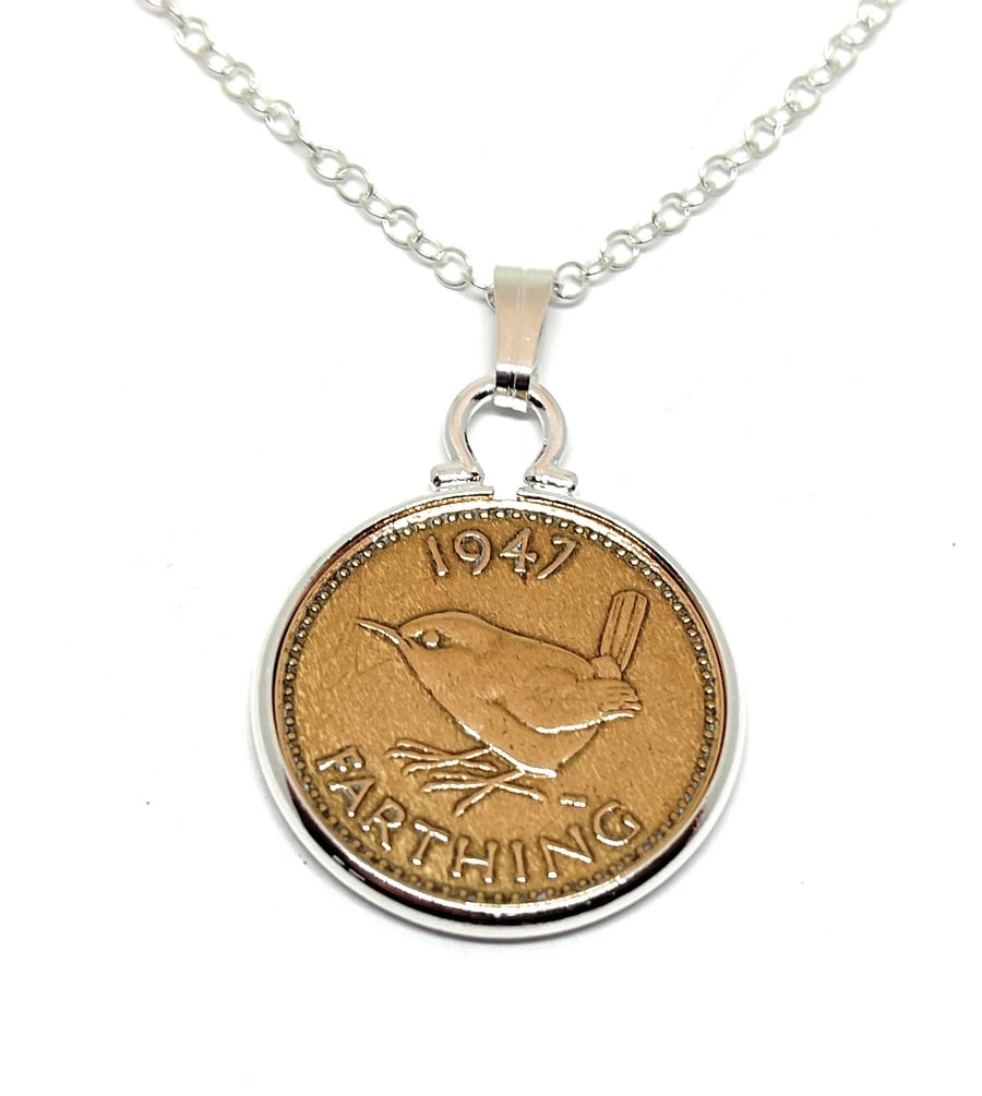 1947 77th Birthday Anniversary Farthing coin in a Silver Plated Pendant mount pl