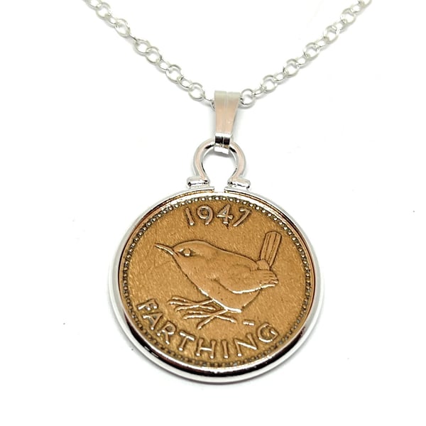 1947 77th Birthday Anniversary Farthing coin in a Silver Plated Pendant mount pl