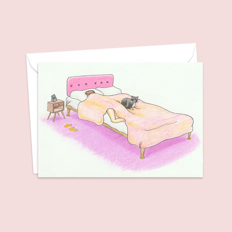 Cute Cat Greeting Card: Cosy Bed Cat Illustration (312)