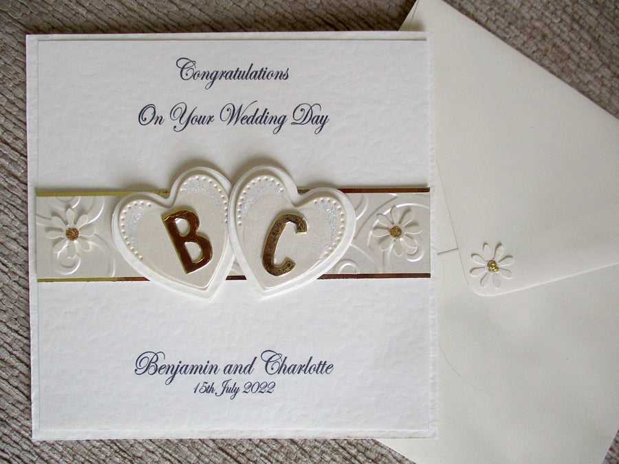 Initial Hearts Wedding Card - Personalised - Ivory and Gold - Congratulations