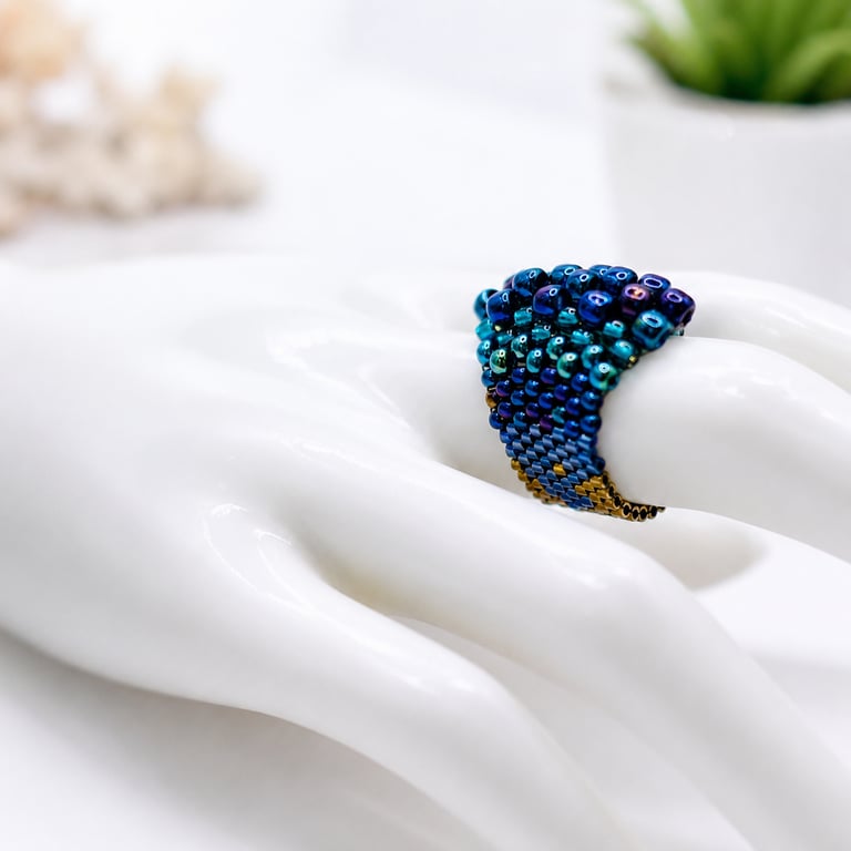 Blue Green Metallic Dragon Scales Beaded Ring Size N