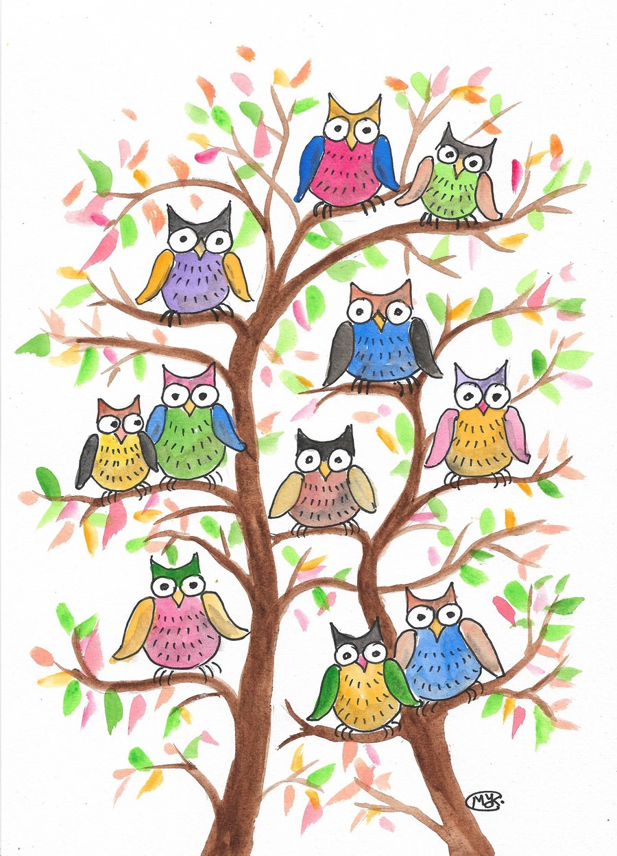 Owl, lots of colourful owls in a tree. Sale. Original Painting. FREE UK SHIPPING