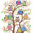 Owl, lots of colourful owls in a tree. Original Painting. 