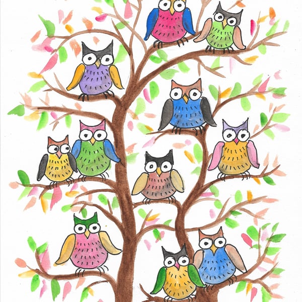 Owl, lots of colourful owls in a tree. Sale. Original Painting. FREE UK SHIPPING