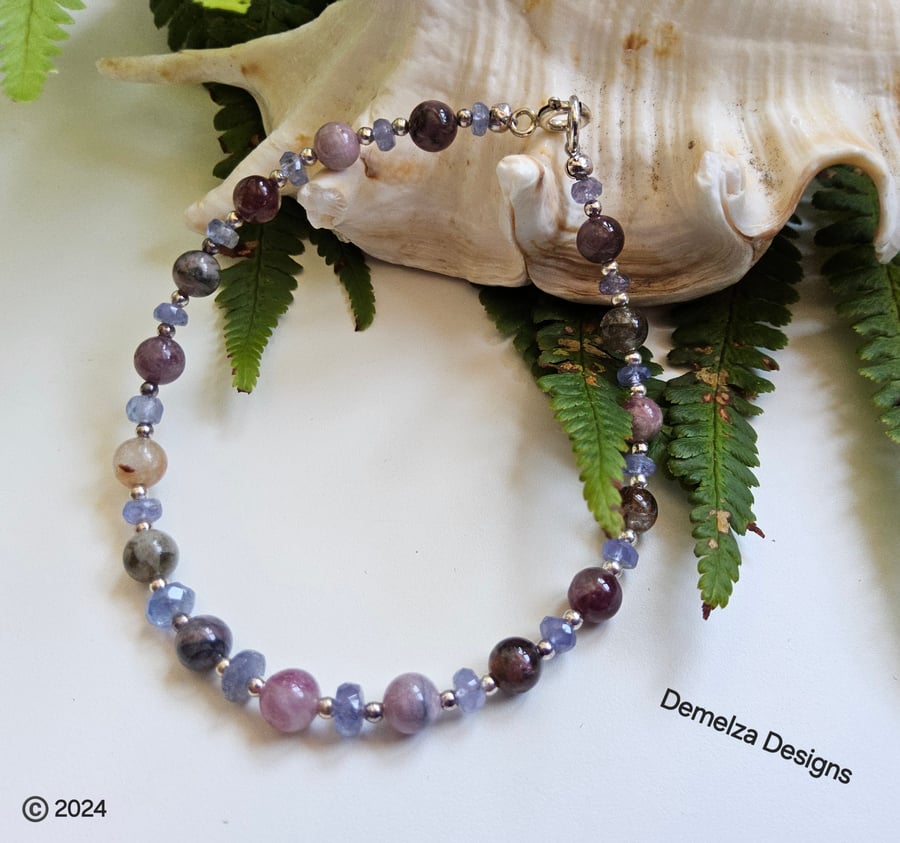Tanzanite & Tourmaline Sterling Silver Bracelet-stacker Bracelet 