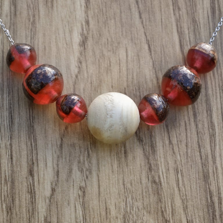 Mixed Epoxy Red Resin and Wood beads, with Pine large bead necklace.