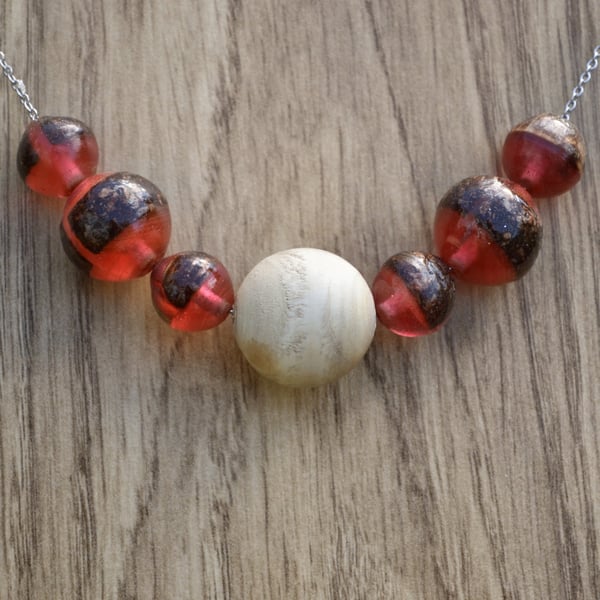 Mixed Epoxy Red Resin and Wood beads, with Pine large bead necklace.