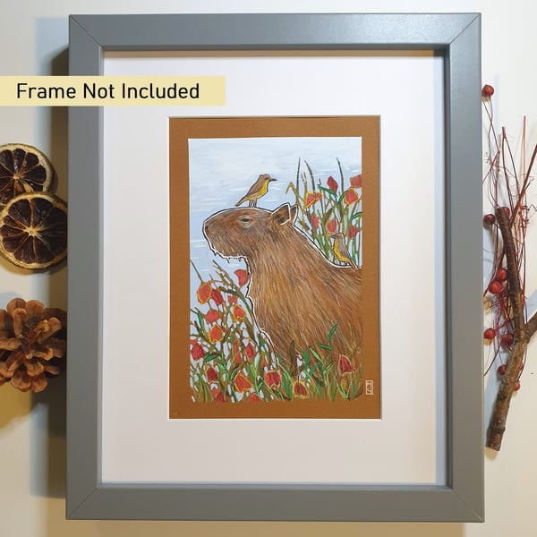 Capybara with passengers Original illustration, small artwork, animal art
