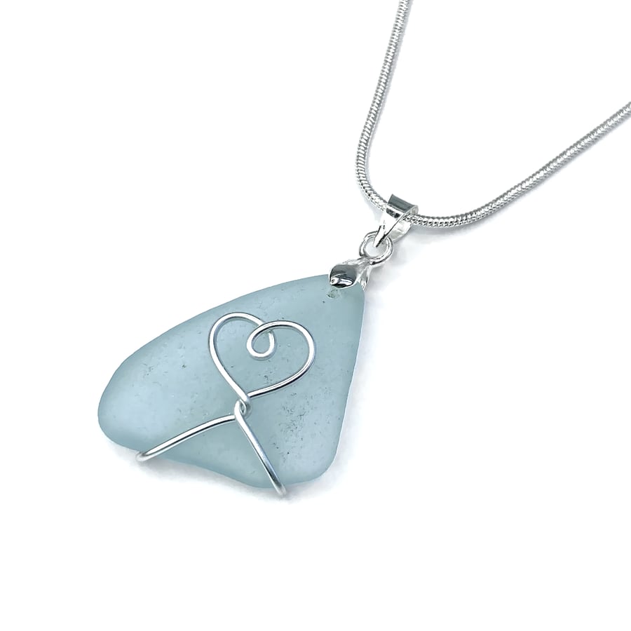 Sea Glass Pendant - Blue Heart Necklace - Silver Beach Glass Handmade Jewellery