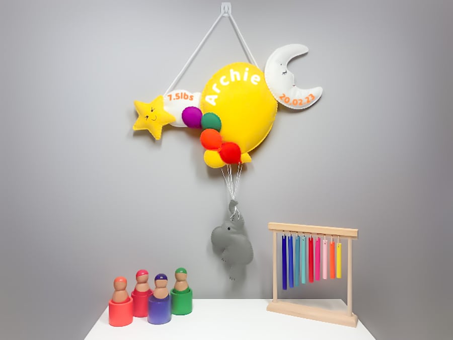 Yellow Balloon - Personalised felt nursery wall and door sign