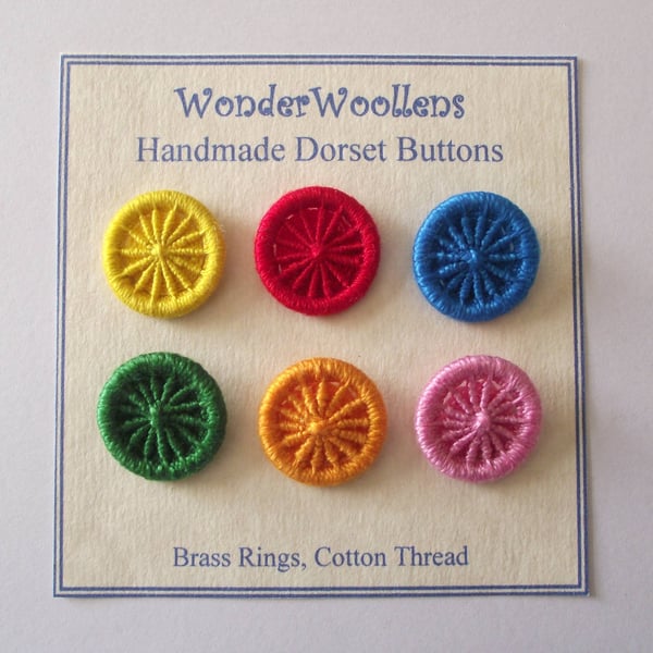 Dorset Buttons or Embellishments, Six x 2cm, Bright Colours, Handmade