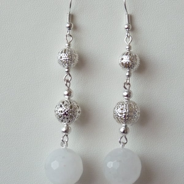 White Quartzite & Silver Filigree Earrings  - Handmade - Genuine Gemstone 